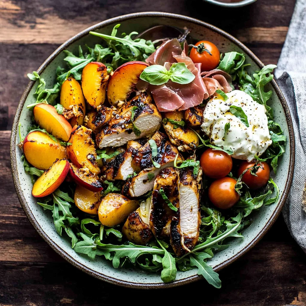 Balsamic Peach Basil Chicken Salad with Crispy Prosciutto.