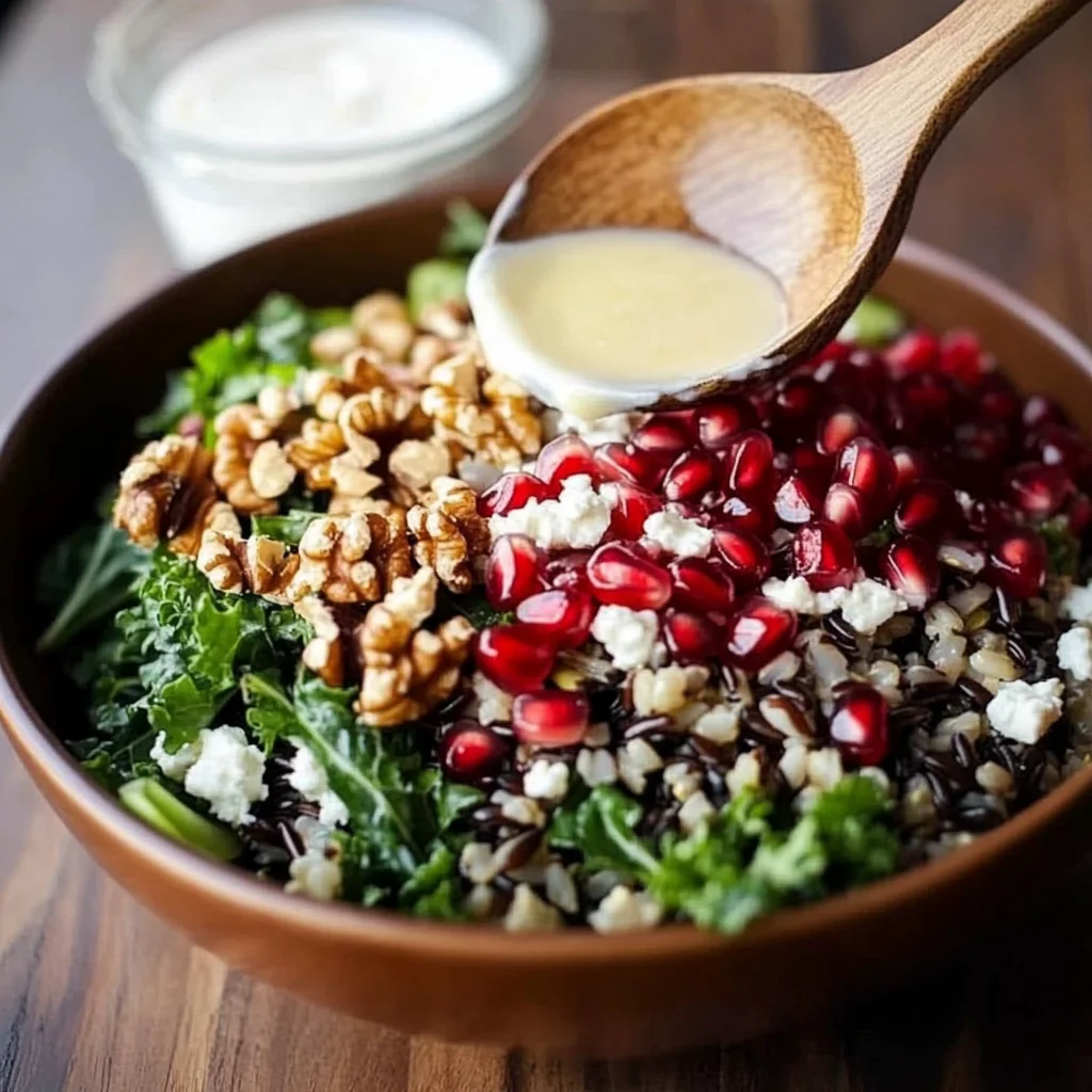 Pomegranate, Kale, and Wild Rice Salad with Walnuts and Feta