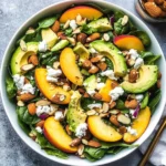 Summer Peach Spinach Salad with Avocado, Toasted Almonds + Goat Cheese