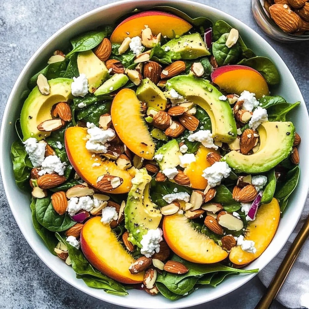 Summer Peach Spinach Salad with Avocado, Toasted Almonds + Goat Cheese