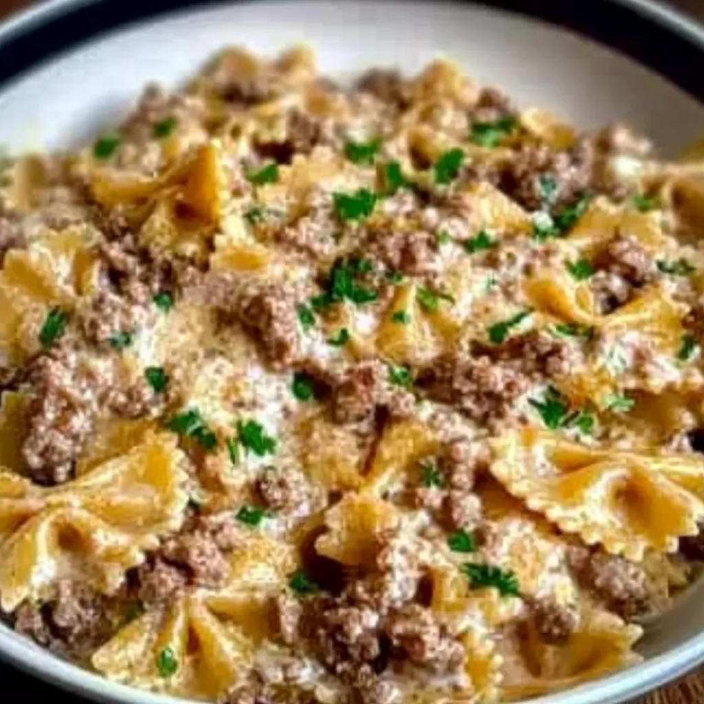 Creamy Parmesan Garlic Beef Bowtie Pasta