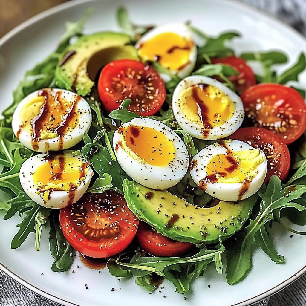Avocado Arugula Salad with Jammy Eggs & Creamy Balsamic Drizzle