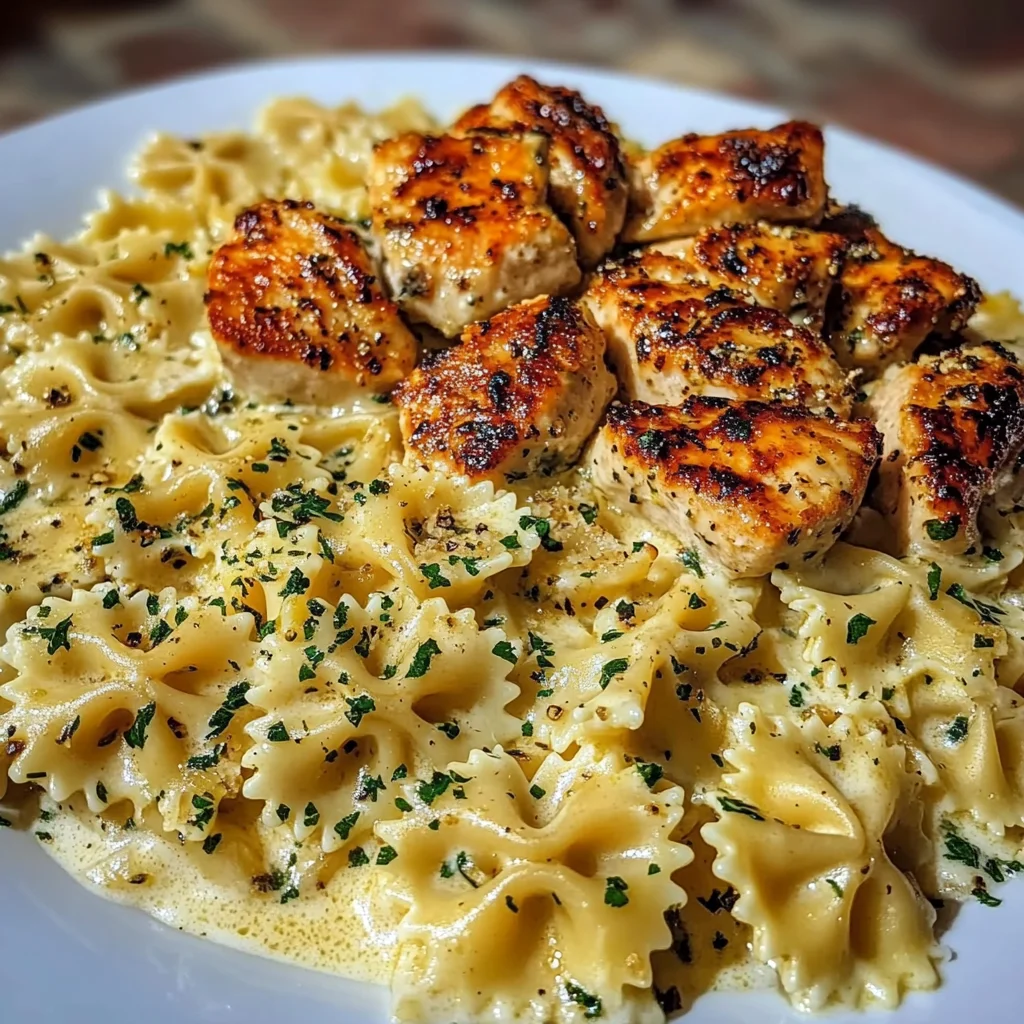Creamy Alfredo Bowtie Pasta with Garlic Chicken Bites