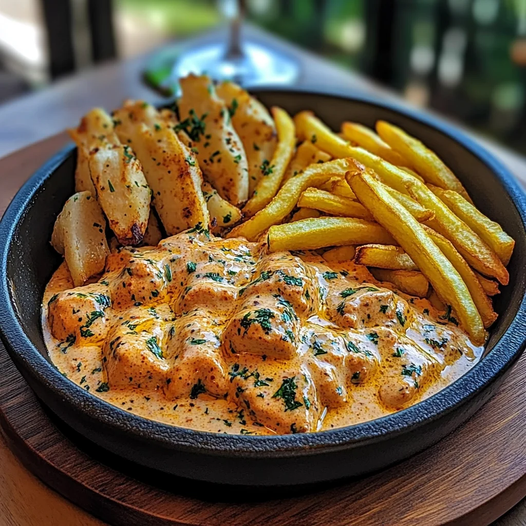 Creamy Butter Chicken with Garlic Drizzle, Golden Fries & Warm Naan
