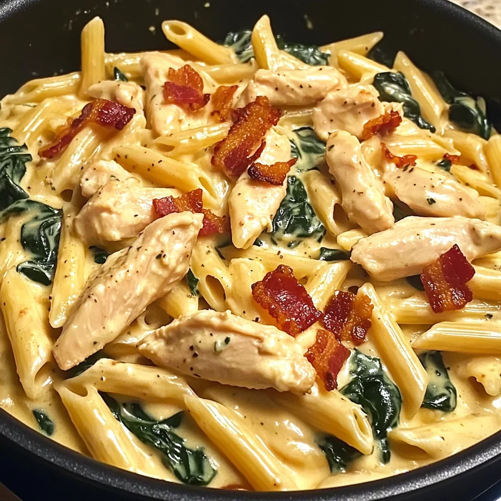 Creamy Chicken Bacon Penne with Spinach