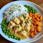 Creamy Garlic Chicken with Fluffy Rice and Glazed Carrots