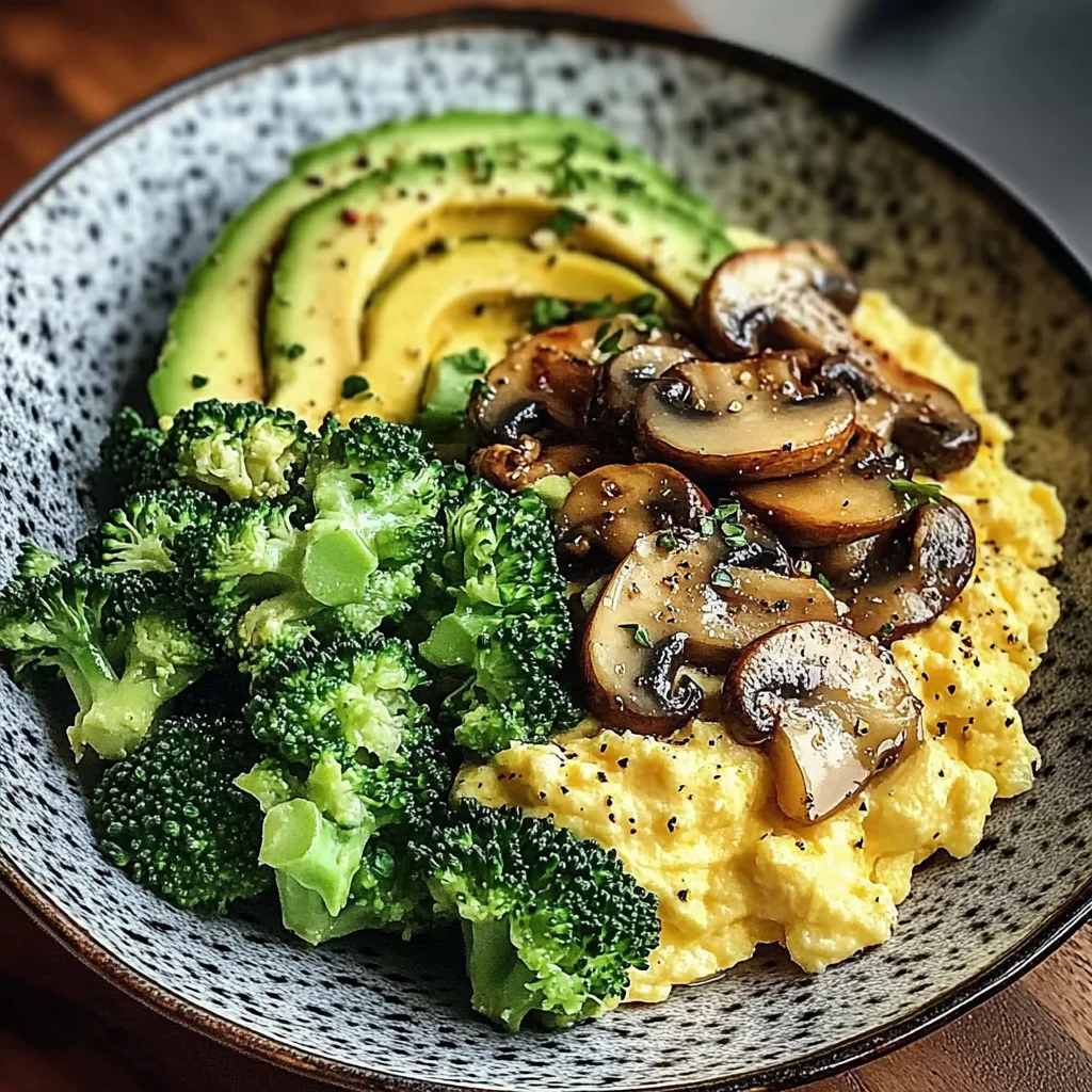Creamy Scrambled Eggs with Avocado, Sautéed Mushrooms & Broccoli