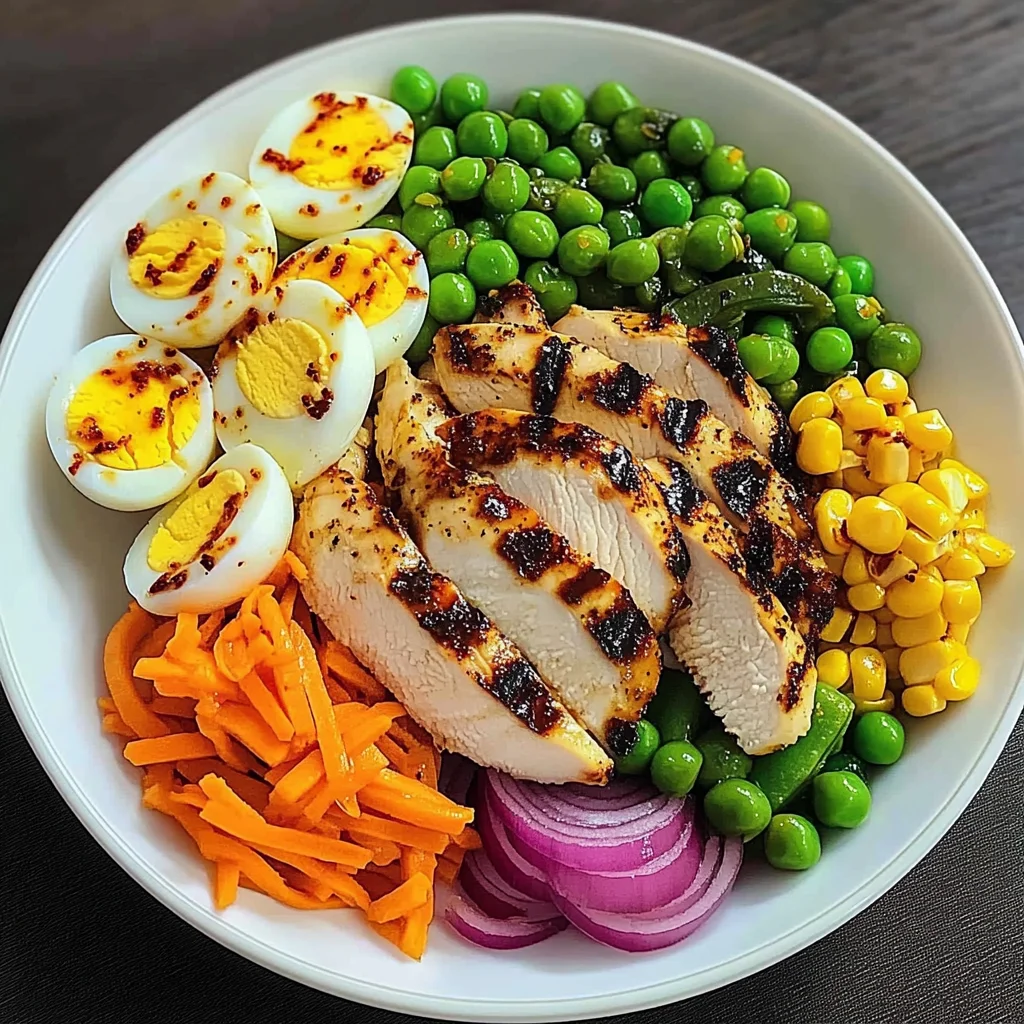 Grilled Chicken Protein Bowl with Eggs, Veggies & Creamy Dressing
