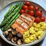 Salmon Power Bowl with Scrambled Eggs, Asparagus & Sauted Mushrooms