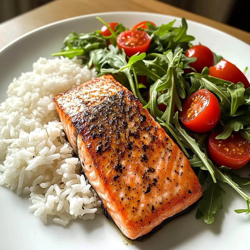 Seared Salmon with Rice & Arugula Tomato Salad