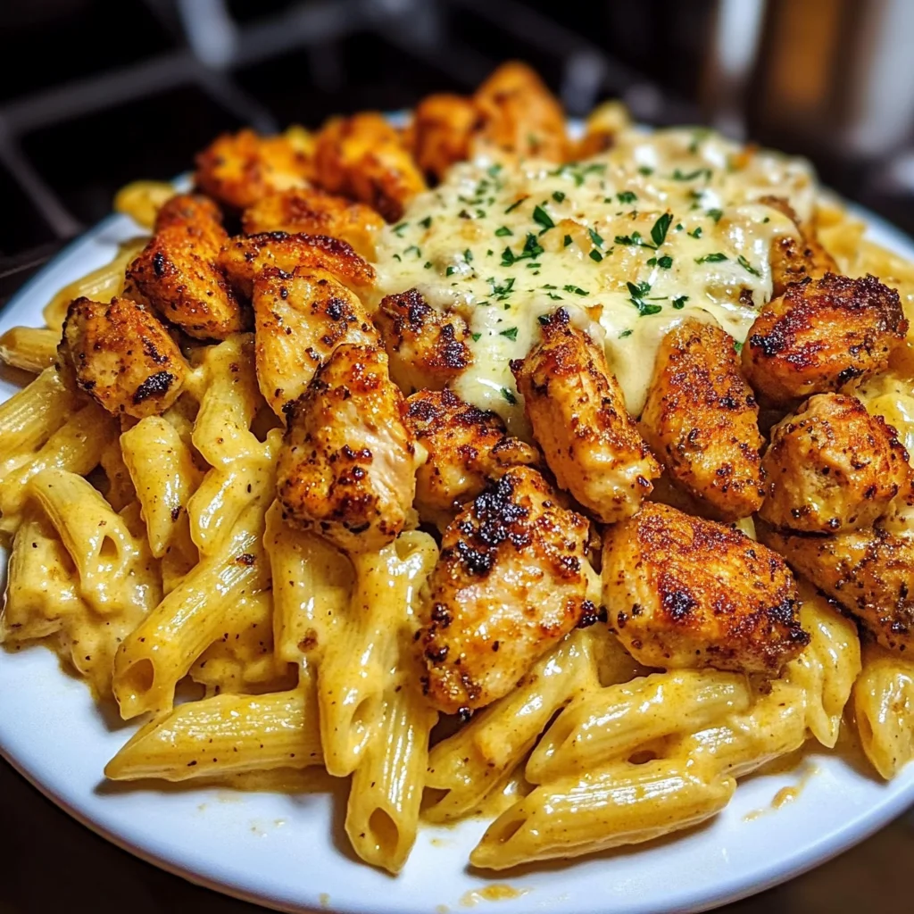 Cajun Chicken Bites with Cheesy Penne Parmesan Sauce