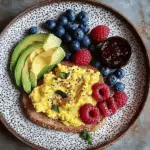 Colorful Breakfast Plate with Scrambled Eggs, Avocado, PB&J Toast & Fresh Berries