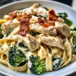 Creamy Chicken Bacon Spinach Fettuccine with Broccoli