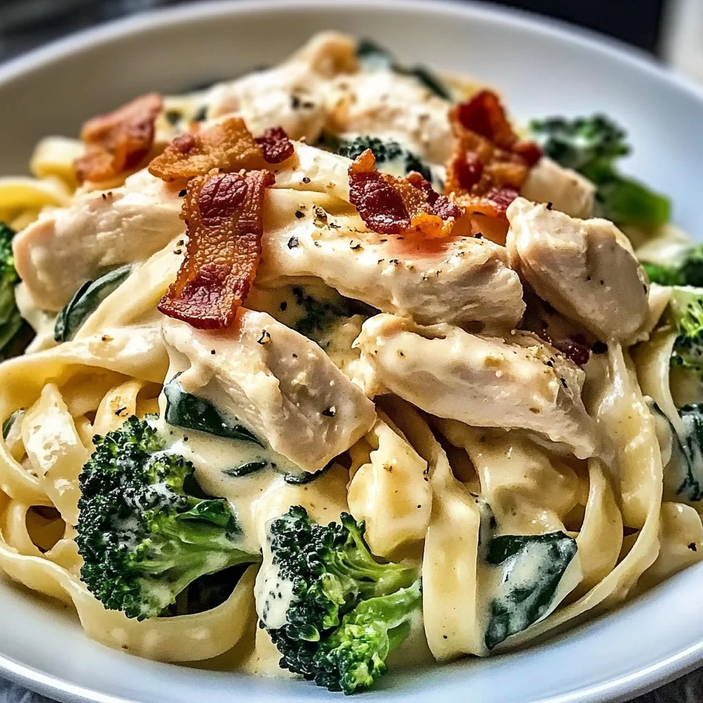 Creamy Chicken Bacon Spinach Fettuccine with Broccoli