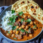 Creamy Coconut Beef and Chickpea Curry with Fresh Garlic Naan