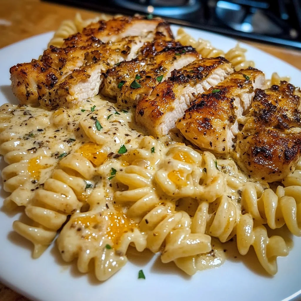 Creamy Garlic Chicken Rotini with Parmesan Velveeta Sauce