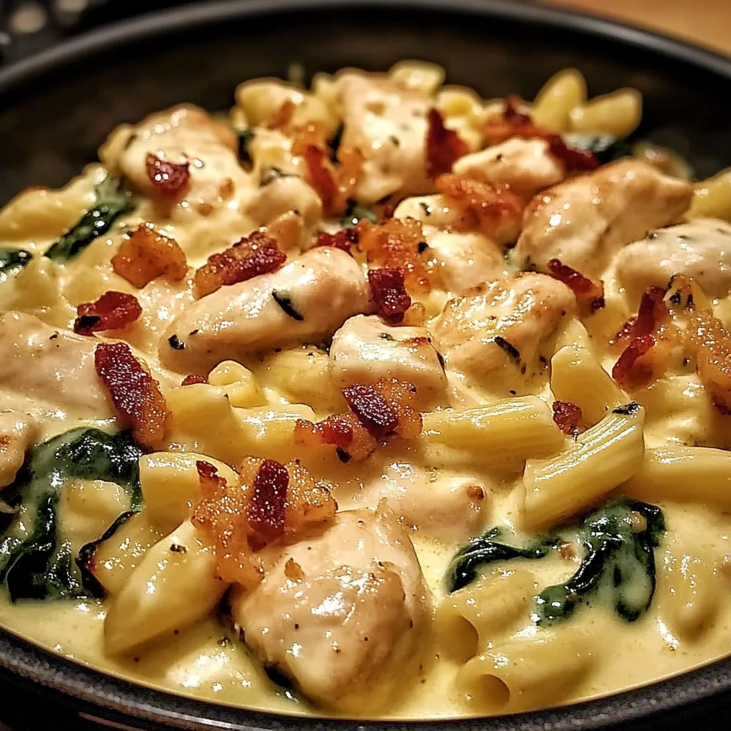 Creamy Spinach, Chicken, Bacon Pasta