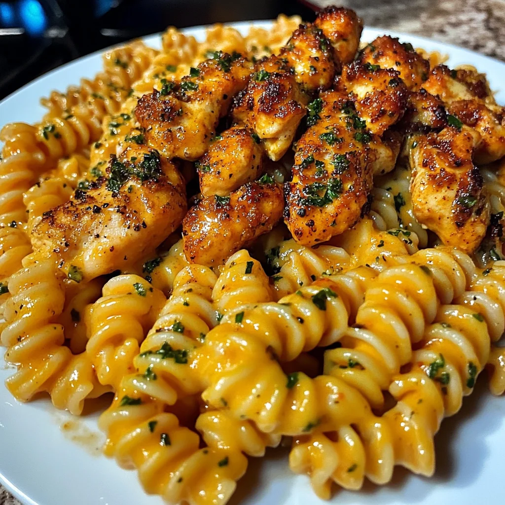 Creamy Velveeta Rotini with Cajun Garlic Chicken Strips