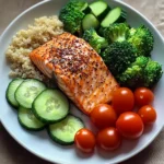 Grilled Salmon Power Plate with Quinoa & Steamed Veggies