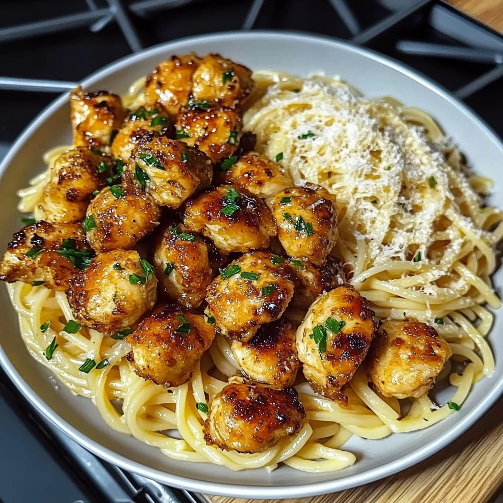 Lemon Garlic Butter Chicken Bites with Savory Parmesan Linguine