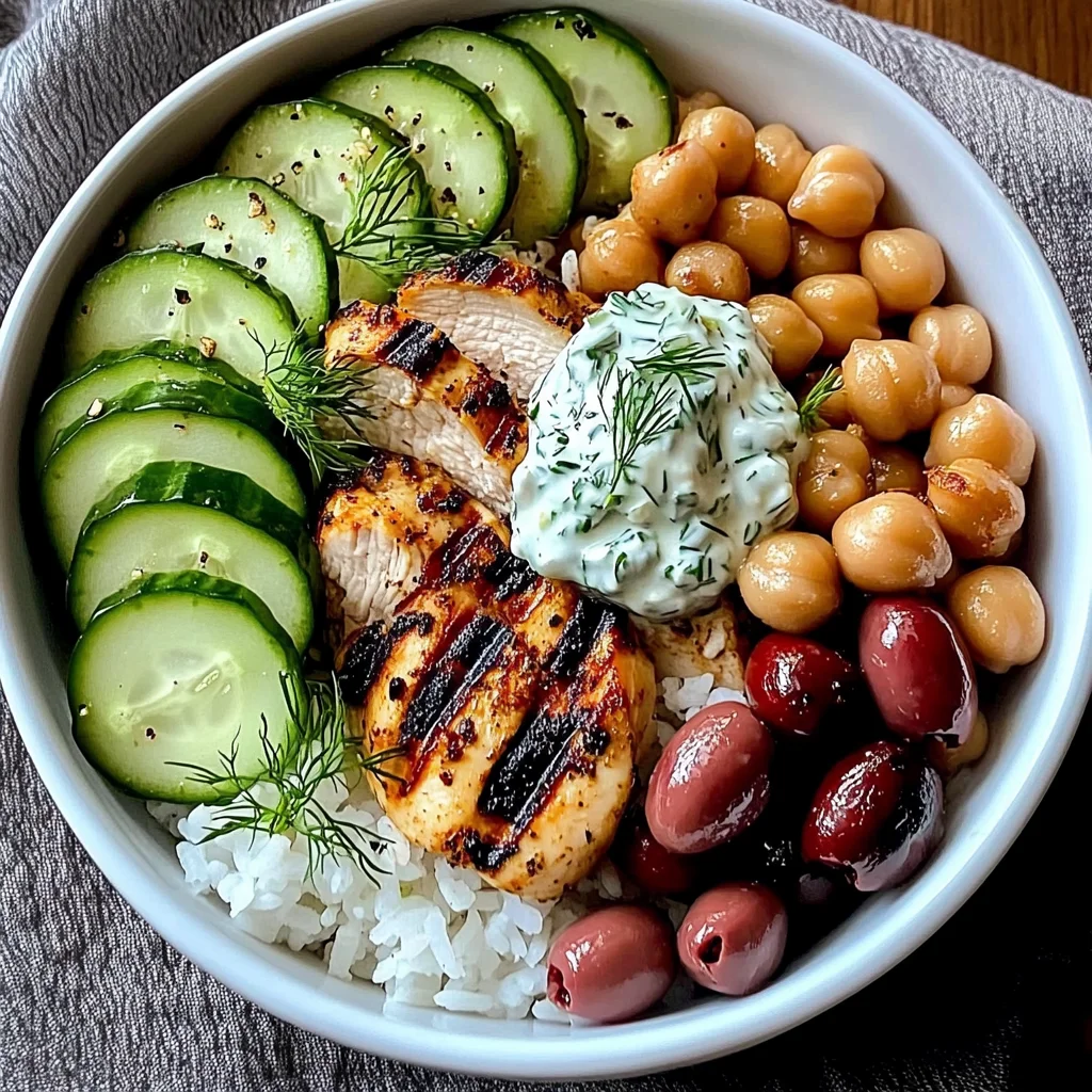 Mediterranean Grilled Chicken Bowl with Rice, Chickpeas & Tzatziki