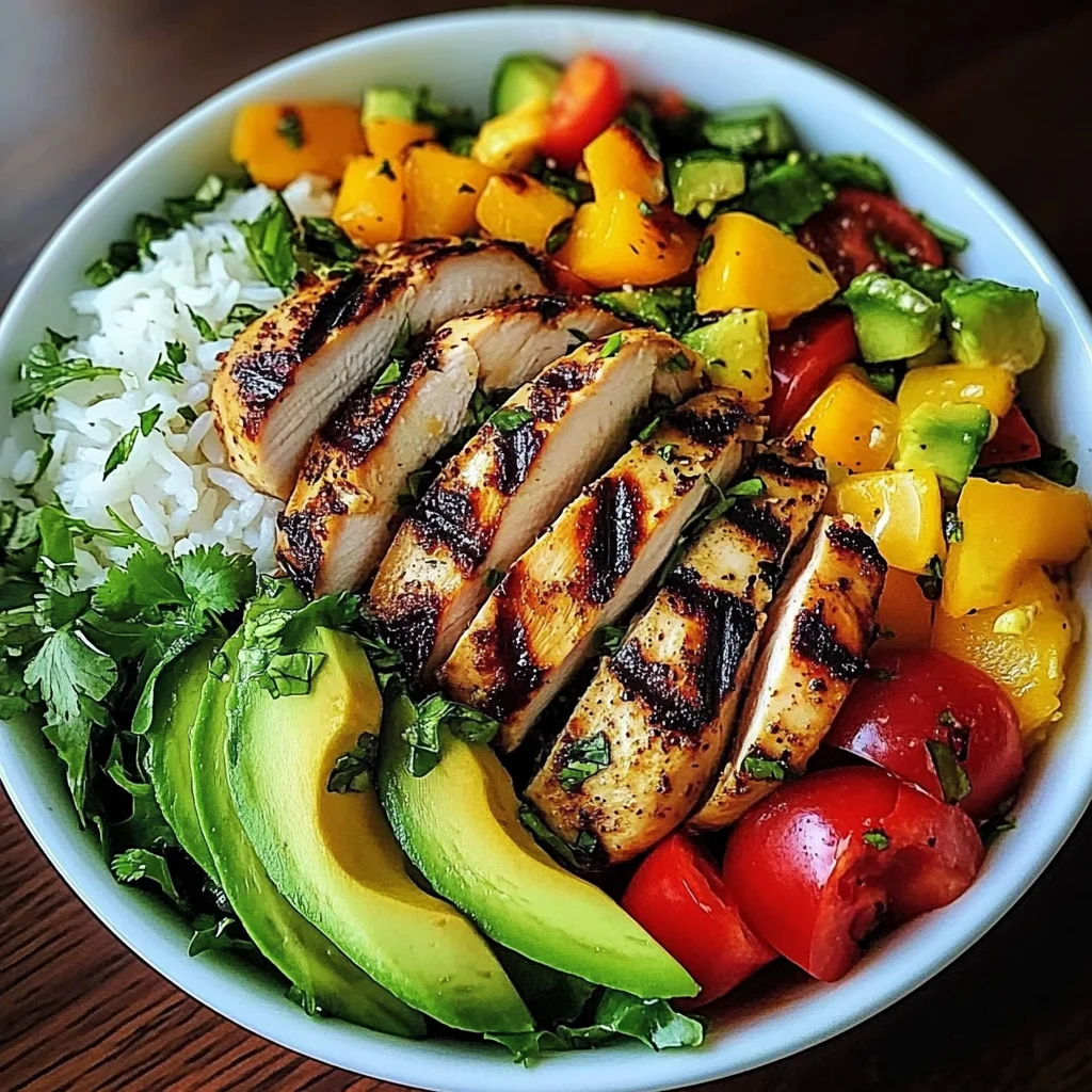 Rainbow Grilled Chicken Rice Bowl with Avocado & Crunchy Salad