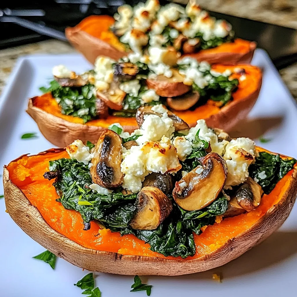 Twice-Baked Sweet Potatoes with Spinach, Mushroom & Feta