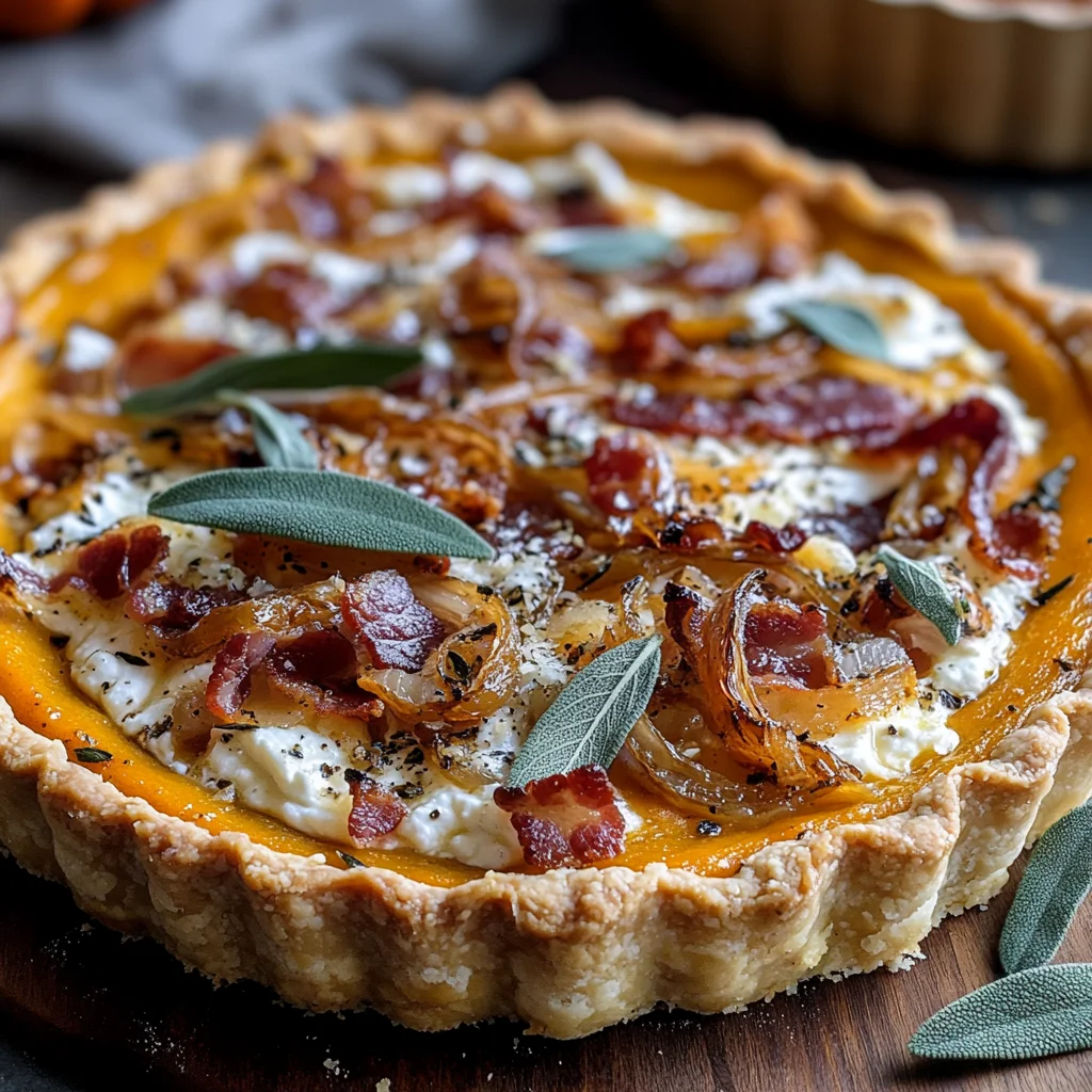 Pumpkin, Ricotta & Caramelized Onion Tart with Turkey Bacon and Sage