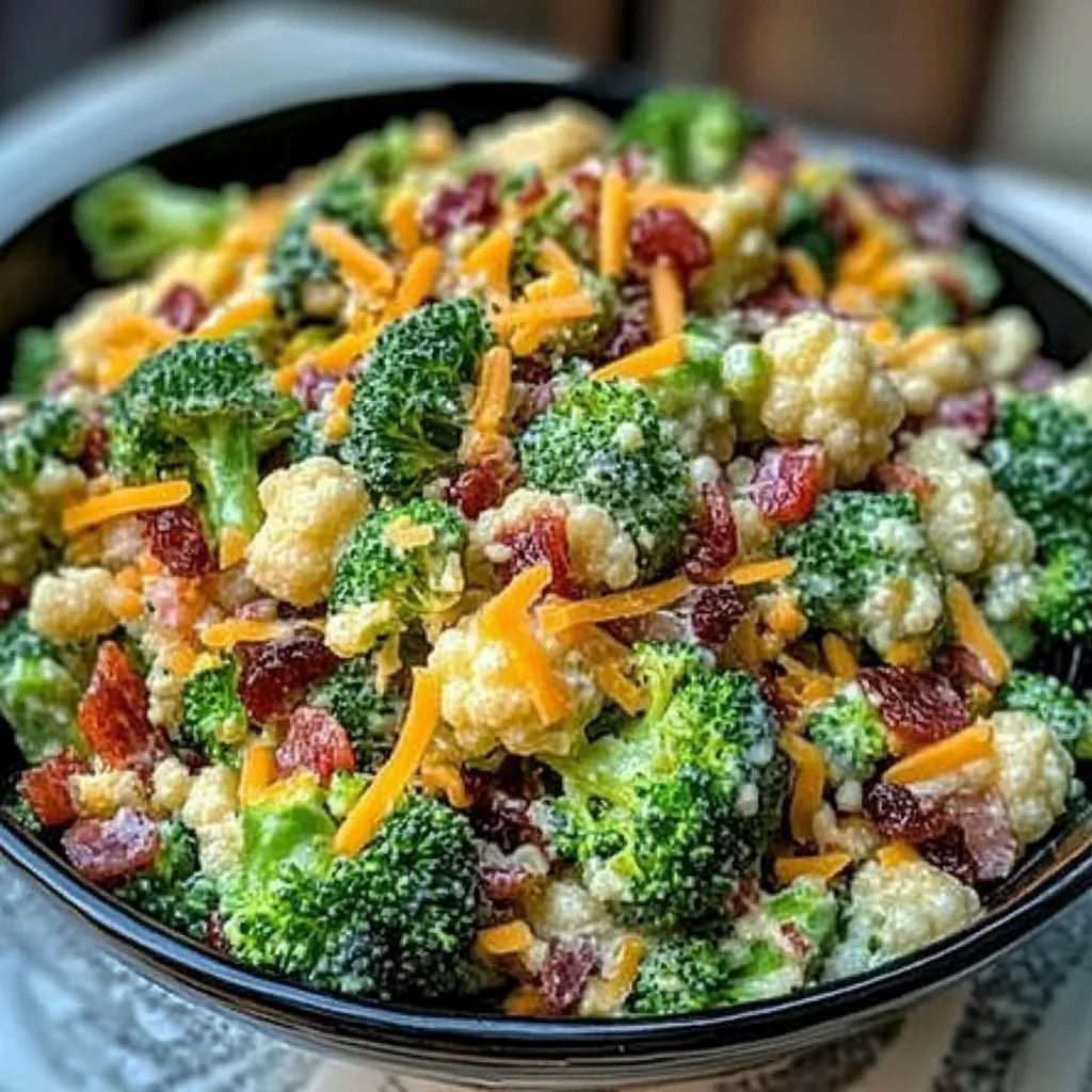 Amish Broccoli Salad with Cauliflower, Turkey Bacon & Raisins