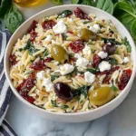 Homemade Orzo Pasta Salad with Feta and Sun Dried Tomatoes - flirtyfood