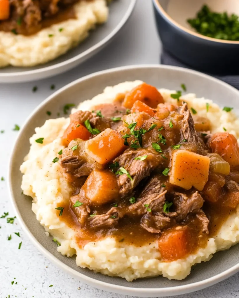 Fall Apple Cider Stew over Mashed Potatoes