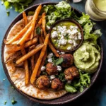 Chicken Meatball Pita Bowls with Seasoned Fries and Feta