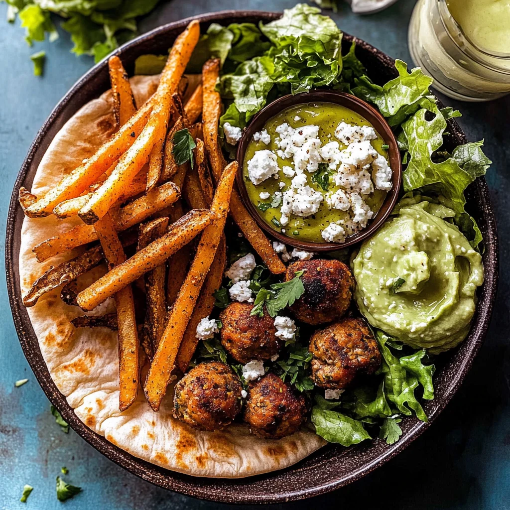 Chicken Meatball Pita Bowls with Seasoned Fries and Feta