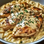 Cozy Creamy Crockpot Chicken with Gruyere and Orzo Delight