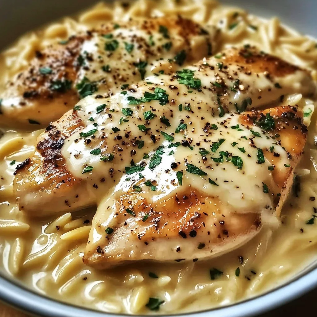 Cozy Creamy Crockpot Chicken with Gruyere and Orzo Delight