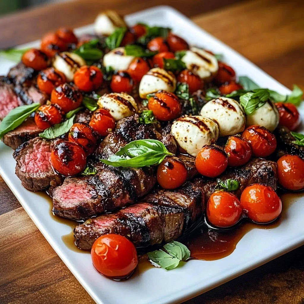 Grilled Balsamic Steak Caprese with Mozzarella, Tomatoes, and Basil